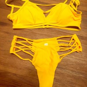 Yellow Two piece Cutout Swimsuit thong